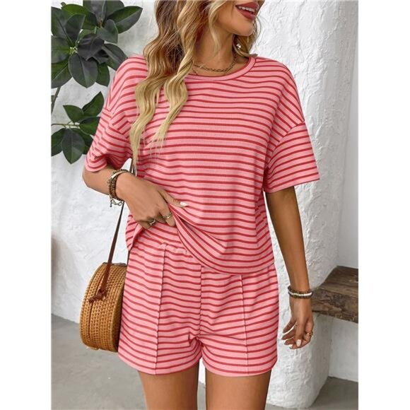 Striped Round Neck Short Sleeve Top and Shorts Set - Picture 5 of 16